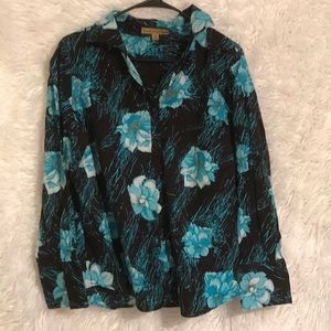 Blue Floral Long Sleeve Button Up Blouse